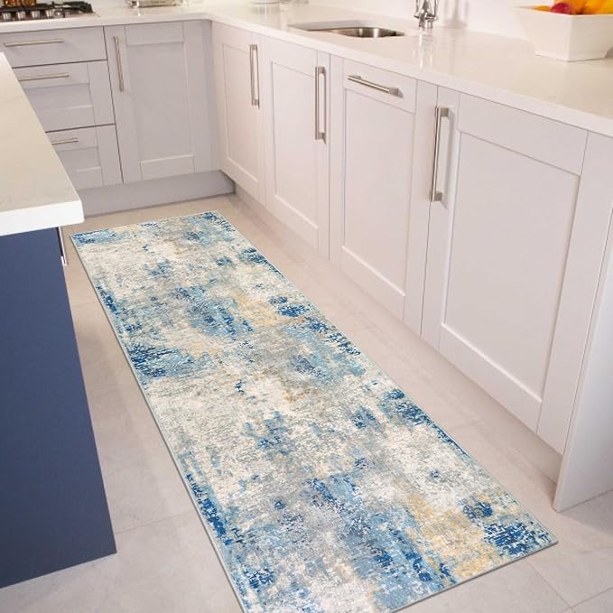 Lahome Modern Abstract Blue Bathroom Rug, 2x6 Washable Long Hallway Rug Soft Non Slip Blue Floor Accent Carpet Runner for Entryway Kitchen Laundry Room Doorway Bedroom