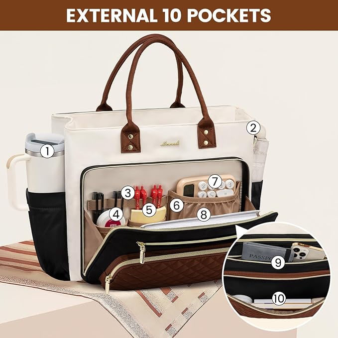 LOVEVOOK Laptop Tote Bag for Women, Teacher Nurse Work Bags with Laptop Compartment, Laptop Bag With Large Cup Holder, Professional Briefcase Business Large Purses Handbag, Dark Apricot-brown 17 Inch
