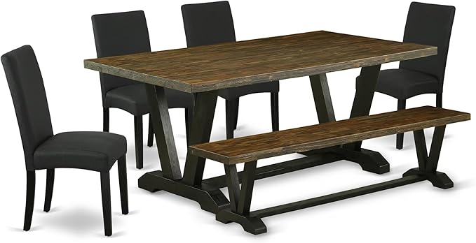 East West Furniture V677DR124-6 6 Piece Dining Table Set Contains a Rectangle Wooden Table with V-Legs and 4 Black Color Linen Fabric Parson Chairs with a Bench, 40x72 Inch, Multi-Color