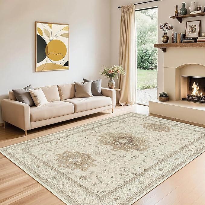 LBRO2M Farmhouse Washable Rugs 5X7 for Living Room Bedroom Vintage Non Slip Rugs Easy Clean, Low Piles Stain Resistant Carpet Distressed Area Rug Great for Pets and Family (5'X7' Beige)