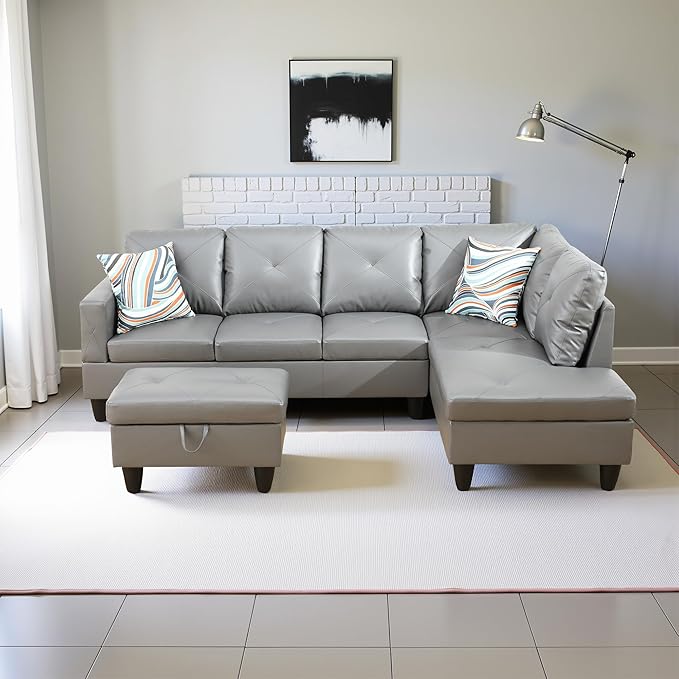 Couches for Living Room Faux Leather L Shaped Couch Comfy 3 Pieces Sectional Sofa with Chaise, Ottoman with Storage for Office and Small Apartment, Dark Grey