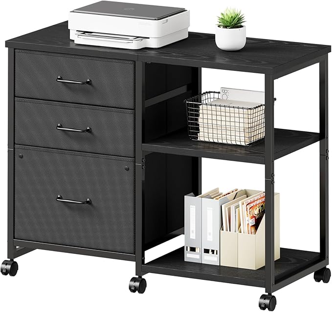 3 Drawer File Cabinet with Wheels Rolling Printer Stand with Open Storage Shelf Fabric Lateral Filing Cabinet for Home Office,Black