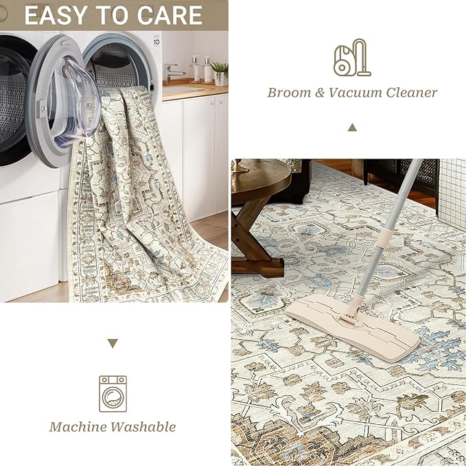 Area Rugs for Living Room - 9x12, Boho Non-Slip Low Pile Carpet Machine Washable Rugs for Bedroom Office, Dining Room (Beige)