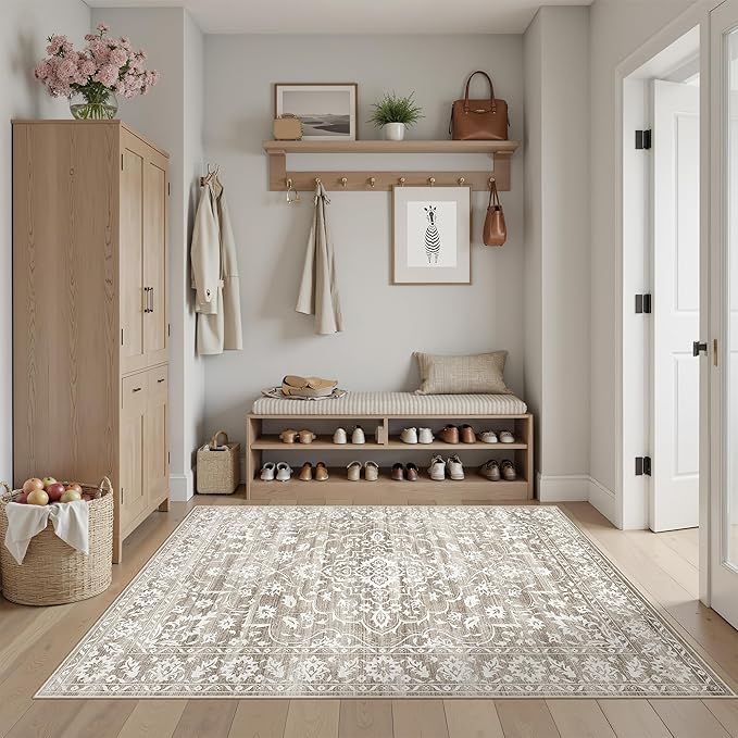 3x5 Area Rugs for Entryway,Washable Vintage Low Pile Non-Slip Throw Area Rugs, Accent Rug Floral Print Indoor Mat for Bedside Living Room Kitchen Bedroom Light Brown