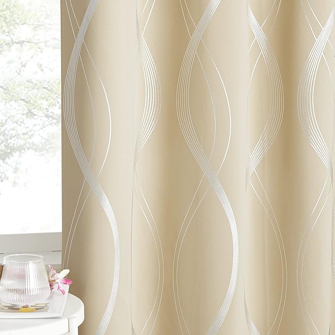 NICETOWN Blackout Curtains 90" Long 2 Panels, 52", Biscotti Beige, Foil Printed Wave Lines Energy Saving Thermal Insulated Blackout Draperies for Patio Hall Studio