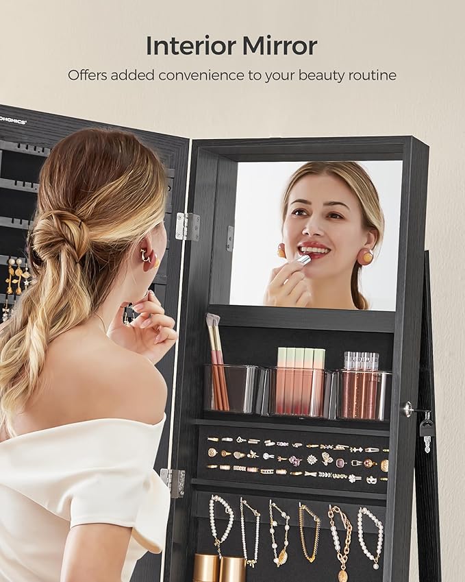 SONGMICS 360° Swivel Jewelry Cabinet, Lockable Jewelry Organizer with Full-Length Mirror, Rear Storage Shelves, Interior Mirror, Jewelry Armoire, Gift Idea, Black UJJC006B01