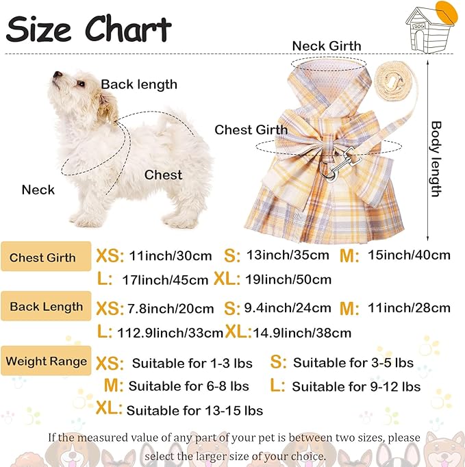 4 Pcs Cute Plaid Dog Dress Set with Bow Tie Harness & Leash for Small Dogs, Puppy Clothes for Girls Outfits(S,Light Color)