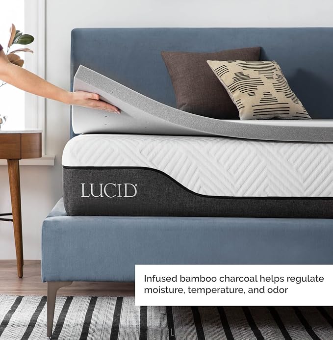 Lucid 2 Inch Bamboo Infused Memory Foam Mattress Topper - Queen Size – Cooling Ventilation – Pressure Relieving Bed Topper - Mattress Pad – CertiPur Certified