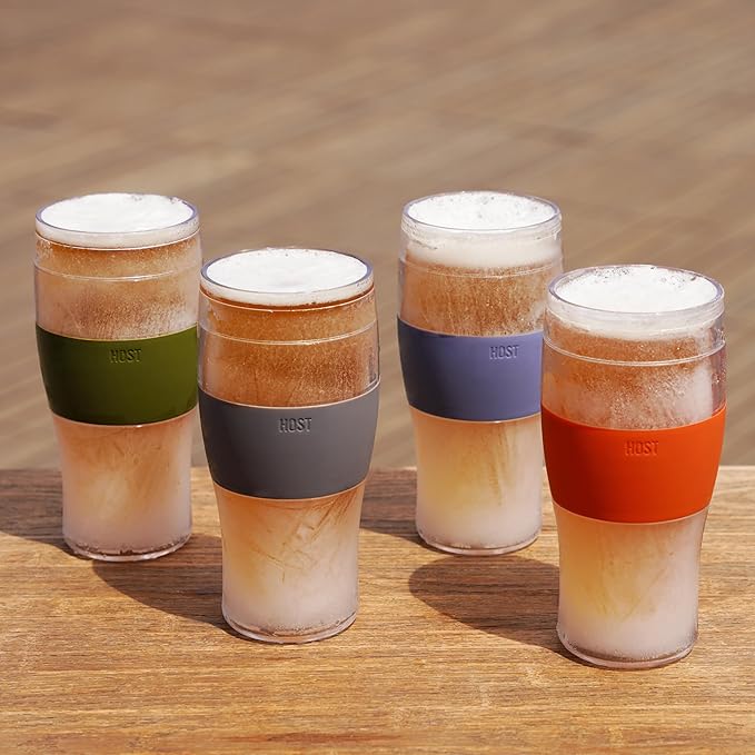 HOST Beer FREEZE Beer Glass Cups Set Drinking Glasses, Freezer Mugs with Gel Double Walled Cool Cups Plastic Multicolor 16oz Set of 4