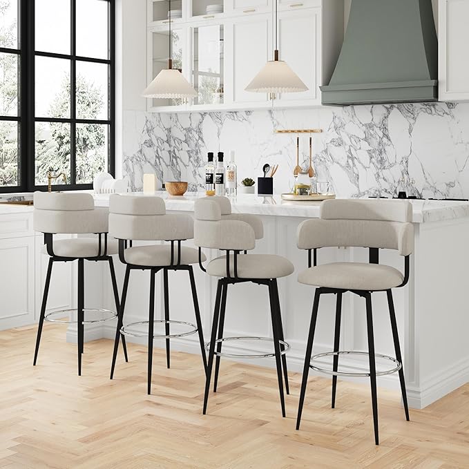 Swivel Bar Stools Set of 2, Counter Height Bar Stools with Ergonomic Full Back, Upholstered Linen Fabric Barstools with Chrome Metal Footrest for Kitchen Island, Dining Room