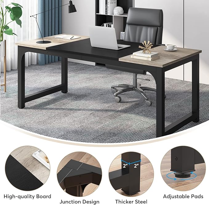 Tribesigns 70.8”Executive Desk, Large Office Computer Desk with Thicken Frame, Modern Simple Workstation Business Furniture for Home Office, Vintage Grey/Black