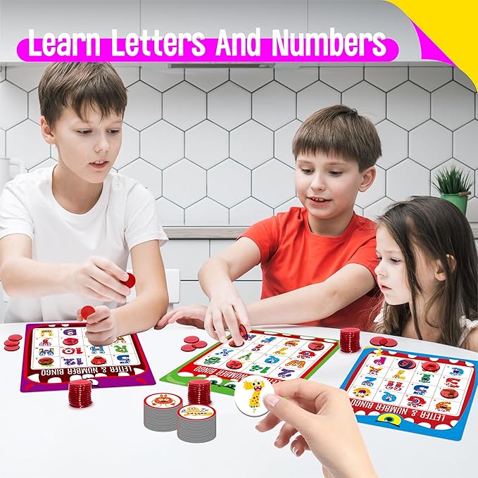 SpriteGru Monster Theme Bingo Game, Uppercase Letters & Numbers Learning, Alphabet ABC and 123 Bingo Board Game for Kids, Preschoolers, Perfect for Classroom & at Home (Up to 12 Players)