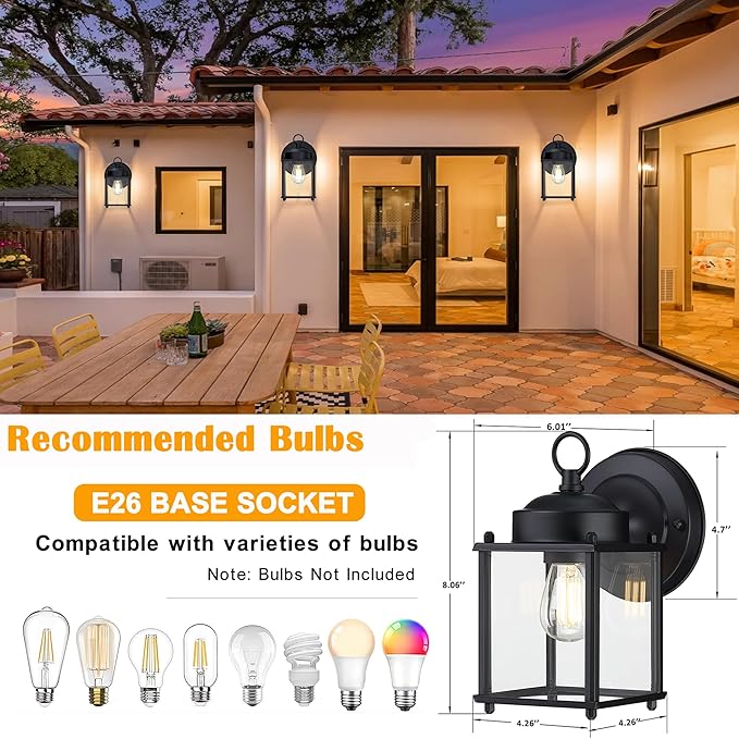 Outdoor Wall Lantern, Exterior Waterproof Wall Sconce Light Fixtures, Black Front Porch Lights with Clear Glass, Anti-Rust Metal Outside Lighting Fixture for House Doorway Garage, 4-Pack