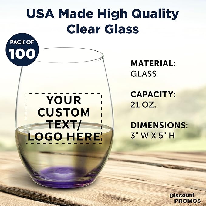 DISCOUNT PROMOS 100 ARC Stemless Wine Glasses Set, 21 oz. - Customizable Text, Logo - Chardonnay, Cabernet, Merlot, Sauvignon - Purple