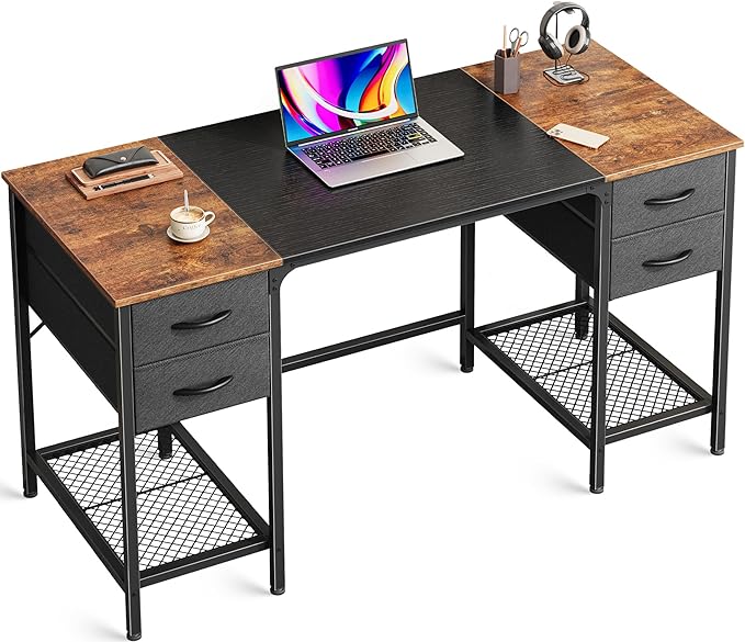 Huuger 47 Inch Computer Desk with 4 Drawers, Office Desk with Mesh Shelf, Gaming Desk, Large Storage, Writing Work Desk for Home Office, Study, Bedroom, Work from Home, Rustic Brown and Black