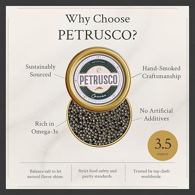 PETRUSCO Sevruga Black Caviar - Premium Fresh Seafood Sturgeon Fish Caviar - Rich, Buttery Flavor, Smooth & Briny Taste with Elegant Texture and Perfect for Fine Dining (3.5 Ounces)