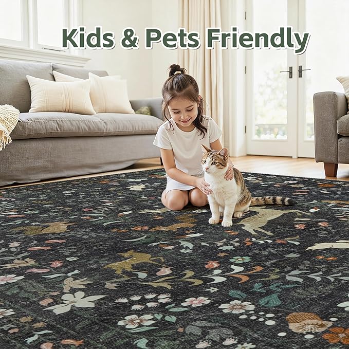 Runner Rug Washable Runners Kitchen Rugs Non Slip Neutral Floral Carpet Low Pile for Indoor Hallways Entryway Living Room Bedroom Laundry Soft Mat 2'6''x8' Black