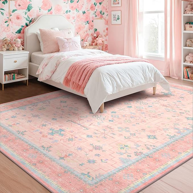 Washable Pink and Blue 6x9 Oushak Rugs for Bedroom Girls, Living Room Kids Playroom Nursery Room, Modern Floral Distressed Design, Soft Faux Wool Low Pile Non Slip Stain Resistance Carpet