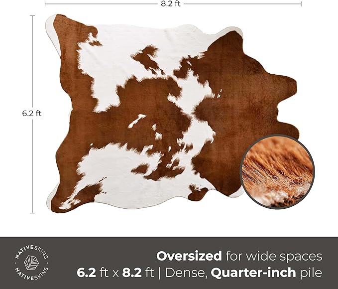 NativeSkins Faux Cowhide Rug ??Brown and White (Oversized) | 6'3" x 8'2" | Cow Print | Western Bedroom Decor | Hand-Cut, Faux Suede No-Slip Backing | Western Rug | Animal Print | Cow Hide