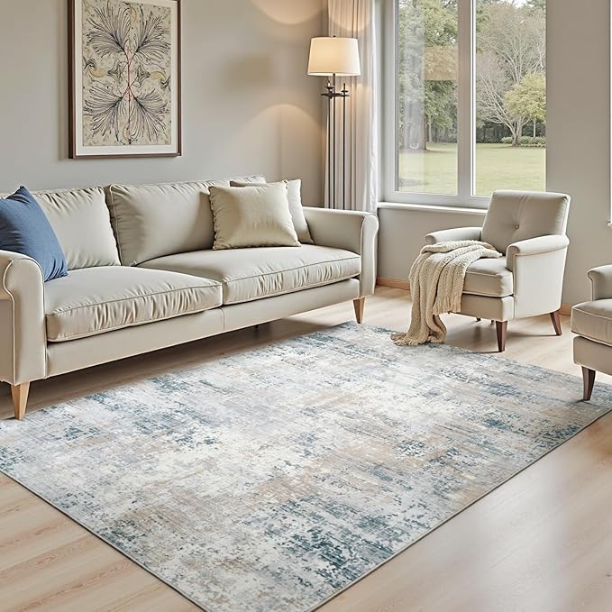 Washable Rugs 5x7 Area Rugs for Living Room, Blue Beige Modern Abstract Carpet for Bedroom, Non-Slip Soft Accent Rug for Kids Room Office Dining Room