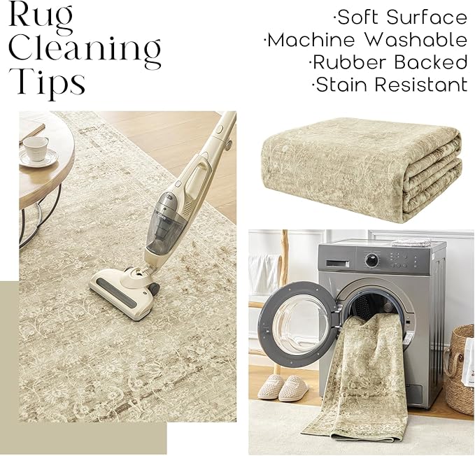 Cream and Light Tan Area Rugs Washable Rug for Living Room Bedroom, Distressed Floral Boho Vintage Style Non Slip Soft Rug Extra Large Carpet for Dining Room 9x12