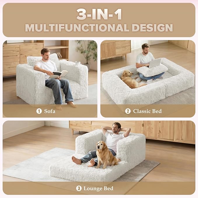 HABUTWAY Convertible Sofa Bed,3-in-1 Folding Futon Sofa Bed with Pillow, Foldable Sleeper Sofa Bed with Removable Cover,Plush Boneless Floor Chair Couch Lounge for Living Room,(Full,White)