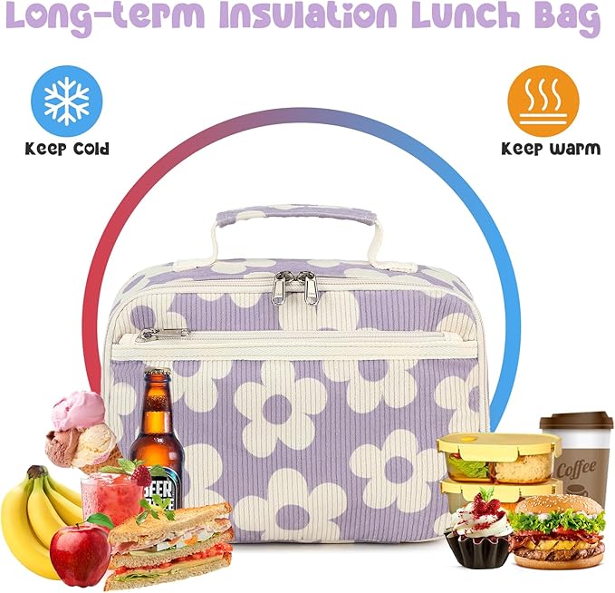 Bluboon Kids Girls Lunch Bag Insulated Lunch Box for school Corduroy Lunch Cooler Organizer School Kids Lunch Tote