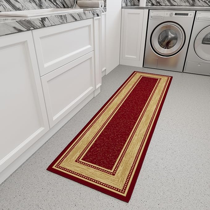 Ottomanson Hallway Runner Rug 1'10" x 6' Non Slip Border Area Rugs Easy to Clean Laundry Rug Runner Durable & Pet Friendly Floor Carpet Runners for Hallways Entryway Living Room Kitchen Bathroom, Red