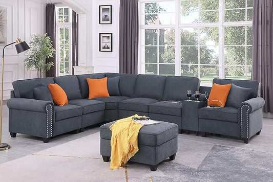 127" Modular Sectional Sofa with Movable Ottoman&Nailhead Trim Armrest,L-Shape Convertible Couch W/Cup Holder,USB Port&Hidden Storage Box,7 Seat Chenille Sectionals,6 Pillow,for Living Room,Gray