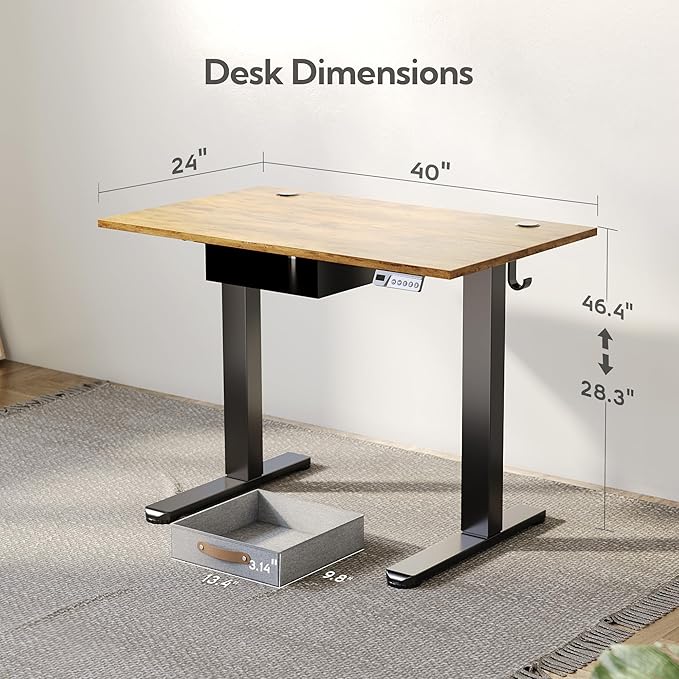 Seang Standing Desk with Drawer, 40" x 24" Height Adjustable Stand Up Desk, 3 Memory Height Settings with Cable Grommets & Storage Hooks, Ideal for Home & Office, Rustic Brown