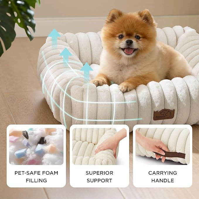 Bedsure Cute Dog Bed for Small Medium Dogs - Washable Furry Puppy Beds, Rectangle Orthopedic Corduroy Fleece Pet Beds with Removable Zipper Cover, 25x21x7inches, Cream