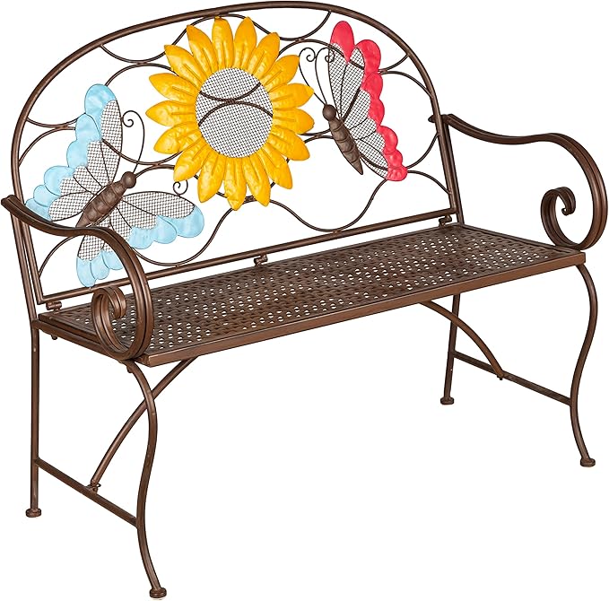 Evergreen Garden Sunflower Garden Bench Outdoors & Indoors | Cast Iron Metal Patio Bench | Outdoor Seating Furniture | Seats for Park, Porch, Deck, Yard
