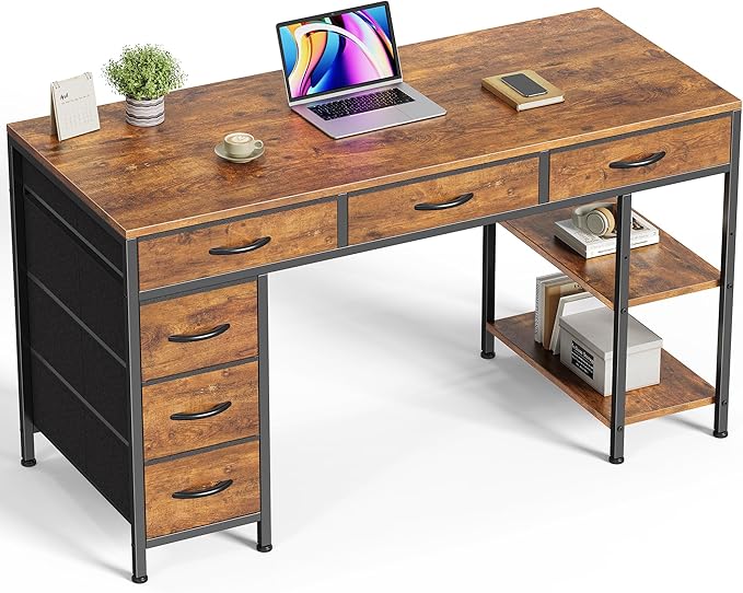 Huuger Computer Desk with 6 Drawers, 47 Inch Office Desk with Shelves, Reversible Gaming Desk, Corner Desk with Storage, Work for Home Office, Study, Living Room, Rustic Brown