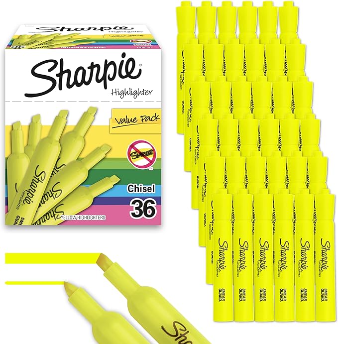 Sharpie Tank Style Highlighters, Chisel Tip, Fluorescent Yellow, Box of 36 (1920938)