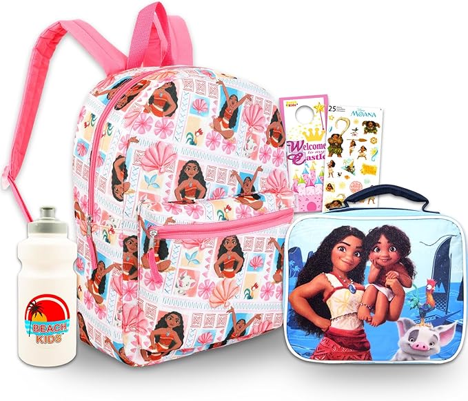 Disney Moana Backpack with Lunch Bag Set - Bundle Backpack, Lunch Box, Stickers, Water Bottle, More | Moana School Bag for Girls