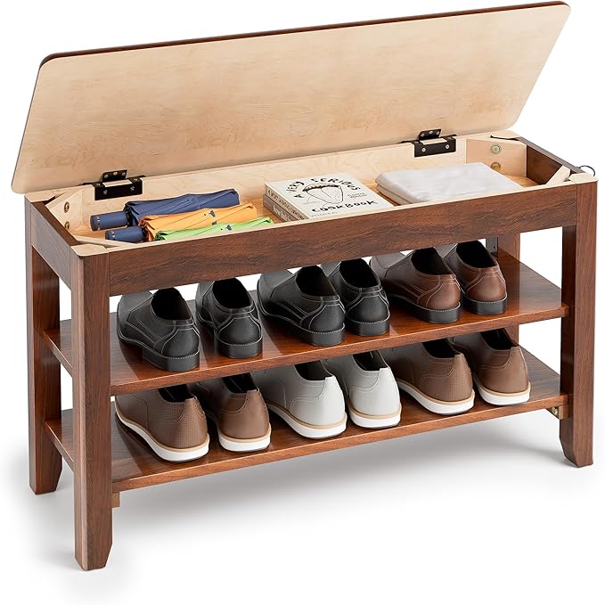 Shoe Storage Bench for Entryway - 3 Tier Shoe Rack for Front Door Entrance, Rubberwood Shoes Rack Height Adjustable, Entryway Bench with Shoes Storage for Any Room (Walnut, 31.5" W)