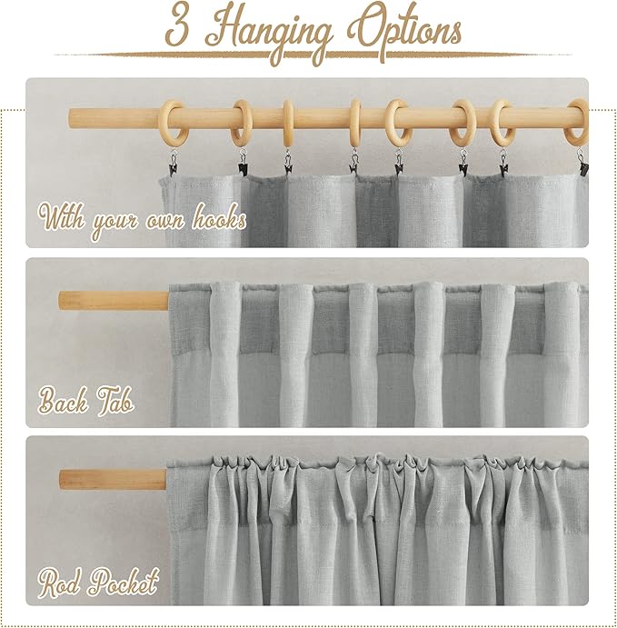 NICETOWN Linen Light Gray Curtains for Kids Room, Rod Pocket & Back Tab Top Flax Linen Weave Semi Sheer Window Treatments Privacy with Light Filtering for Living Room, W52 x L90, 2 Pieces