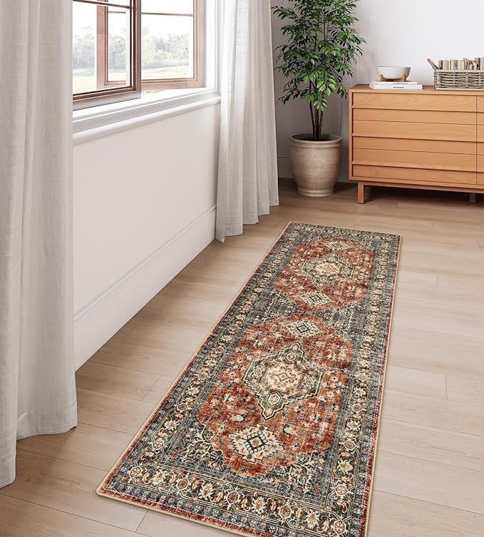 Lahome Oriental Kitchen Runner Rug Non Slip, 2x5 Washable Hallway Runner with Rubber Backing, Vintage Hallway Rug Ultra-Thin Soft Carpet for Bedroom Bathroom, Brick Red