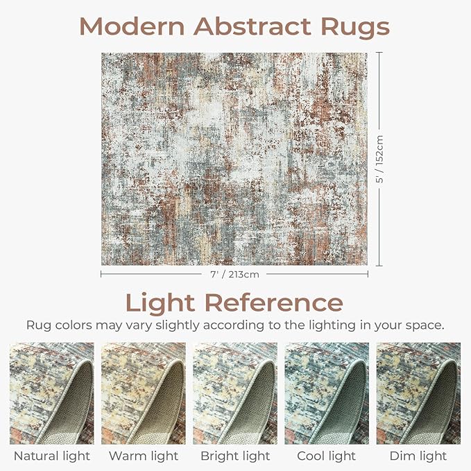6x9 Area Rugs for Living Room, Abstract Rug with Non-Slip Rubber Backing, Machine Washable Modern Colorful Carpet, Bedroom Dining Under Table, Soft Low Pile, Rust Red