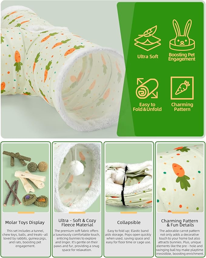 Bunny Tunnels & Tubes Collapsible 3 Way Rabbit Hideout with 13pcs Toys for Bunny Guinea Pig Hamster Chinchilla Hedgehog Rat Ferret Kitten (Fleece Carrot)