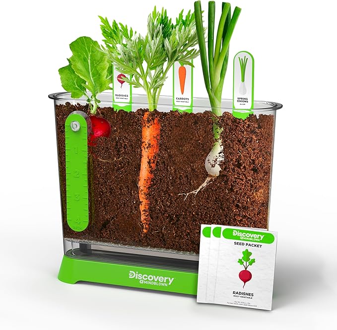 Discovery™ Edible Veggie Garden Watch-It-Grow Kit – DIY STEM Activity for Kids | Grow Carrots, Radishes & Onions| 11-Piece Science Kit with Seeds, Potting Mix & Root Tracker| Learning Toy Gift Ages 6+