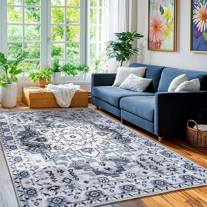 LBRO2M Boho Area Rug 5X7 Washable Rugs for Bedroom Low Piles Indoor Rugs, Non Slip Soft Carpet for Living Room, Dining Room, Blue Rug Foldable Pet Friendly Area Rugs Stain Resistant (5'X7' Light Blue)