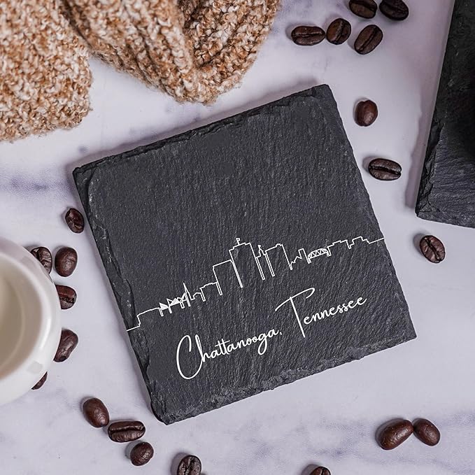 Blue Ridge Mountain Gifts - Chattanooga TN Skyline Coasters, Set of 4 - Chattanooga Tennessee Souvenir, Slate Coasters with Minimalist Skyline, Housewarming Gift for Friends, Family, & Neighbors