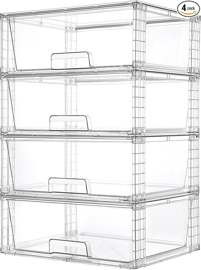 Vtopmart 4 Pack Large Stackable Storage Drawers,Easily Assemble Acrylic Bathroom Closet Undersink Organizers and Storage,Plastic Storage Bins for Kitchen Cabinets,Pantry,Makeup,Medicine Organization