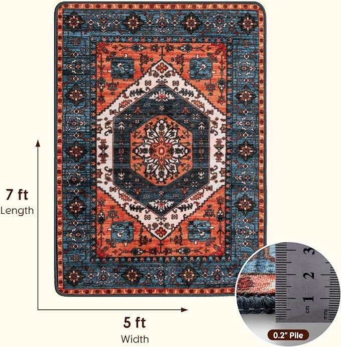 LBRO2M Boho Area Rug 5X7 Washable Rugs for Bedroom Low Piles Indoor Carpet, Non Slip Soft Rug for Living Room, Dining Room, Dark Gray Rug Foldable Pet Friendly Area Rugs (5'X7' Multi Rust)