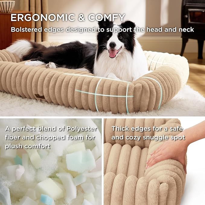 Bedsure Cute Dog Beds Large Sized Dog - Washable Furry Pet Beds, Rectangle Orthopedic Corduroy Fleece Puppy Beds with Removable Zipper Cover, 36x27x8inches,Sandy Beige