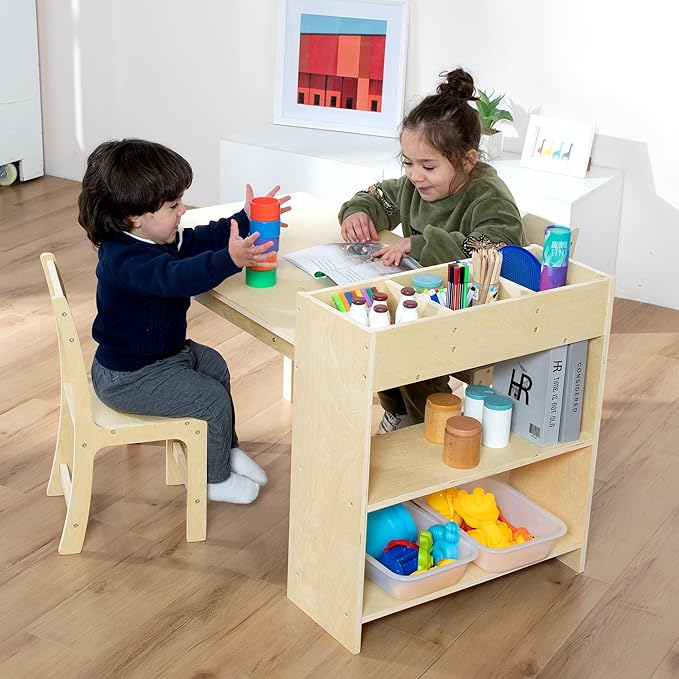 Kids Art Table and Chair Set, Birch Wooden Activity Craft Table, Kids Drawing Table, Toddler Desk with Storage and 1 Chair