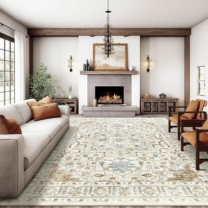 8x10 Area Rug for Living Rooms, Stain Resistant Neutral Washable Rugs for Dining Rooms, Floral Vintage Non-Slip Thin Large Size Area Rugs(Beige)