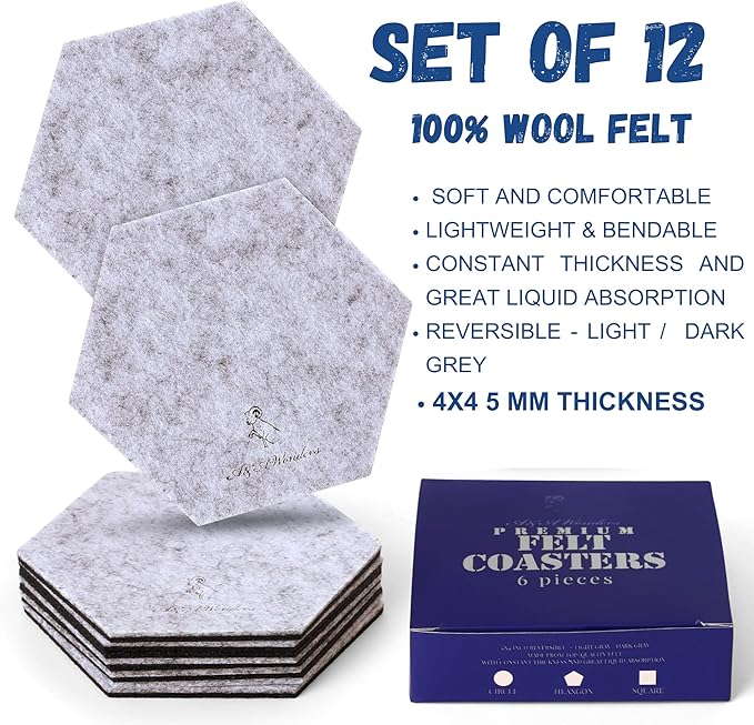 A&A Wonders Premium Felt Coasters for Drink, Two-Tone Reversible, Absorbent Felt Protects Furniture, Table, Anti Slip, Suitable for Drinks & All Table Types (Light Gray/Dark Gray, Hexagon 12 Pack)