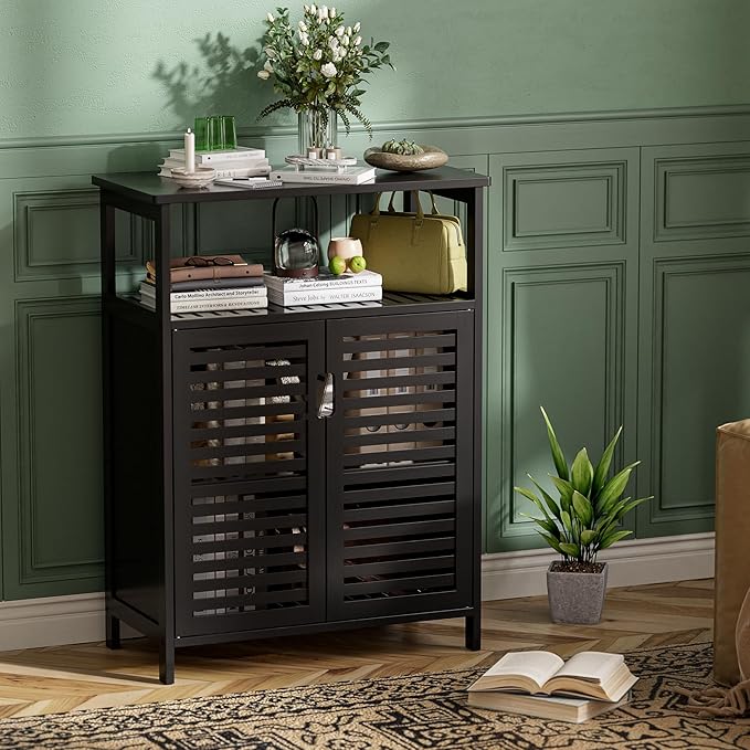 HITNET Black Bathroom Storage Cabinet, Freestanding Bamboo Floor Cabinet 4 Tier Tall Kitchen Cupboard with Door and Shelves